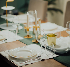 white ceramic dinnerware set on brown table